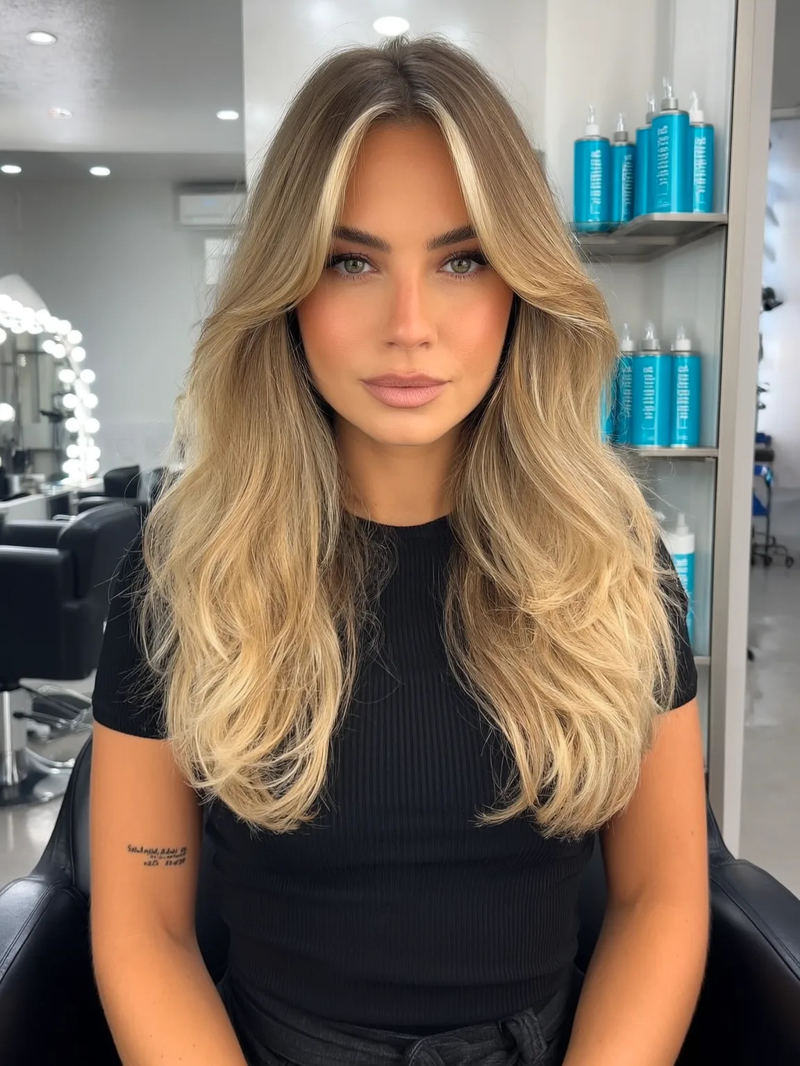 Long Honey Blonde Layers with Curtain Bangs and Waves